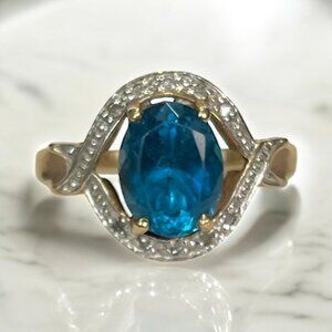 Vintage 14k Plumb Gold Diamond Illusion Blue Topaz Gemstone Ring Size 7